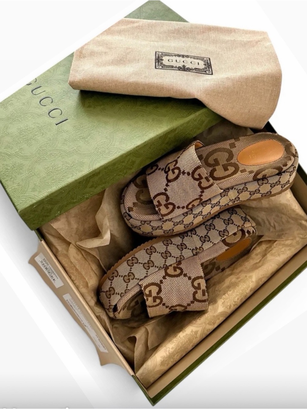 Gucci Brown Beige Logo Platform Slide Sandals